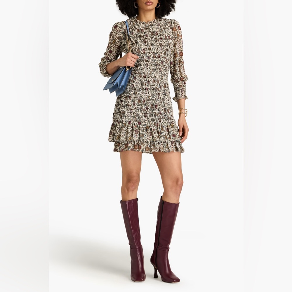 VERONICA BEARD Farha Shirred Floral-Print Crepe De Chine Mini Dress Size 16
